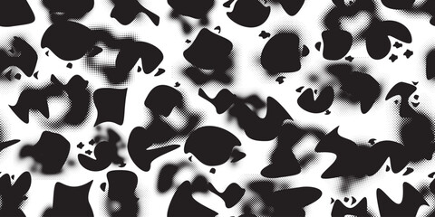 Glitch distorted grungy abstract forms . Blob shape organic seamless pattern texture. Fluid shapes .Grunge textured . Liquid vector shapes with halftone dots .Screen print endless pattern texture