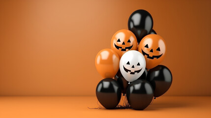 Orange and black helium balloons on an orange background. Generative ai.