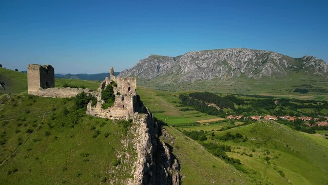 Coltesti Fortress, Alba County, Romania.  Aerial footage. 