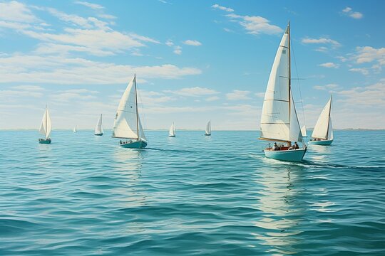 Sailing Team Beautiful Sailboats on Turquoise Sea. Generative AI