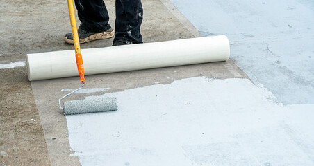 Hand painted gray flooring with paint rollers for waterproof, reinforcing net,Repairing...