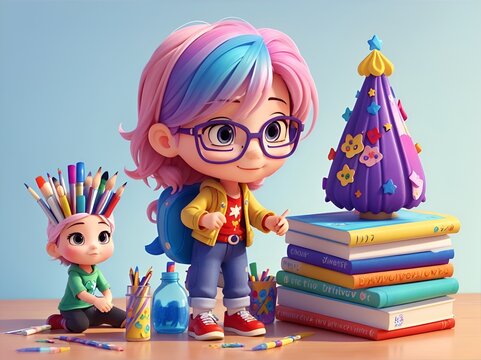 3D cartoon characters of artist kids