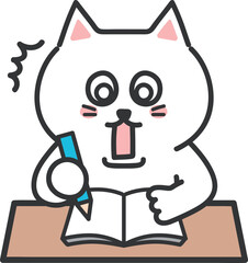 The cartoon white cat made a big mistake writing something. Vector illustration.