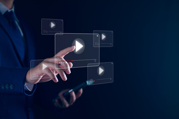 watch online streaming video. Man searching video content on internet, to watch online entertainment streaming, online learning, watch video and live concert, listen to music, shows or online lessons.
