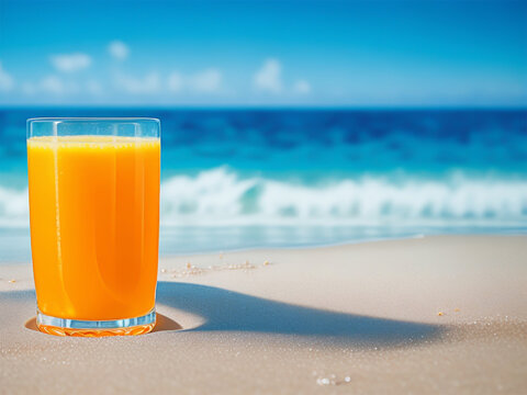 glass of orange juice on beach over blurred blue sea background.