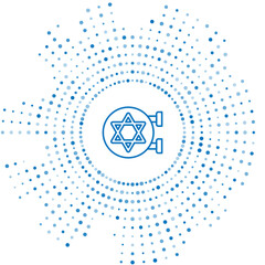 Blue line Jewish synagogue building or jewish temple icon isolated on white background. Hebrew or judaism construction with David star. Abstract circle random dots. Vector