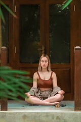 yoga,pranayama,breathing practice.caucasian woman Meditate,yoga nature,Meditative practice...