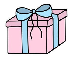 Gift in a square pink box. The surprise is tied with blue ribbons and decorated with a bow. Color vector illustration. Isolated background. Cartoon style. Holiday package delivery. Birthday. 