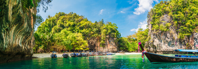 Wide panorama beautiful nature scenic landscape Lao lading island beach with boat for traveler,...