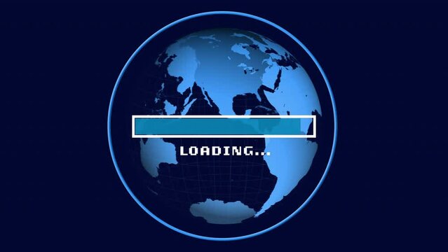 Animation of loading bar and globe with data processing over dark background