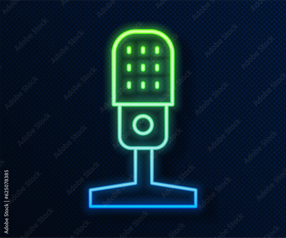 Sticker Glowing neon line Microphone icon isolated on blue background. On air radio mic microphone. Speaker sign. Vector