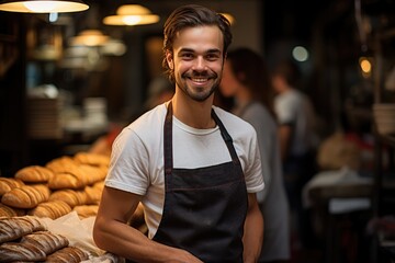 smiling man working in a bakery, wygenerowane przez AI