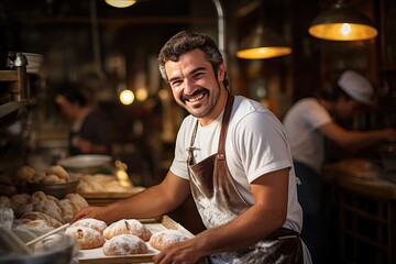 smiling man working in a bakery, wygenerowane przez AI