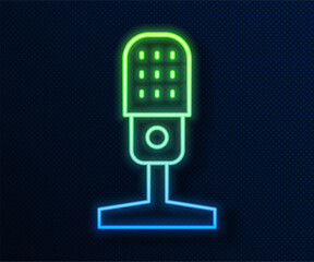 Glowing neon line Microphone icon isolated on blue background. On air radio mic microphone. Speaker sign. Vector