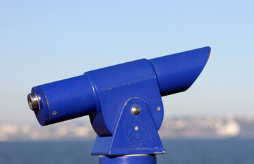 Brixham, Torbay, South Devon, England: A tourist telescope for viewing objects at sea. Brixham is a popular summer holiday destination and a major fishing trawler port.