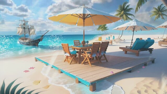 Tropical beach views in summer and pirate ships on the beach. Cartoon or anime watercolor painting illustration style. seamless looping 4K time-lapse virtual video animation backgrounds