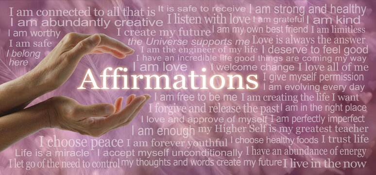 Spiritual Self Healing Affirmations Wall Art Words - pink feathers and hearts background filled with  many affirmations based on the spiritual I AM concept ideal for a energy healers therapy room wall