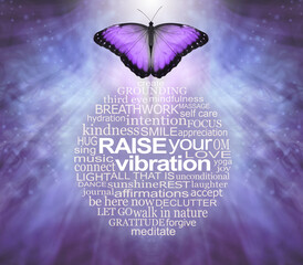 Spiritual healing words and butterfly wall art to raise your vibration - flowing blue sparkle spiritual background with a mauve  butterfly above a perfect circular word cloud relevant to spirituality  - obrazy, fototapety, plakaty