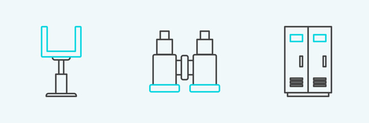 Set line Locker or changing room for football, basketball team or workers, American goal post and Binoculars icon. Vector
