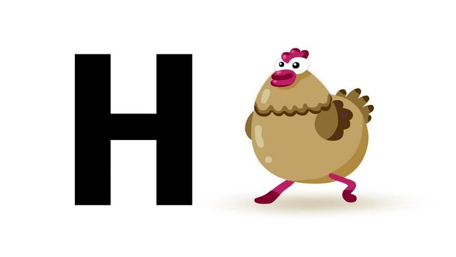 H letter big black like hen cartoon animation. Animal hippo loop. Educational serie with bold style character for children. Good for education movies, presentation, learning alphabet, etc...