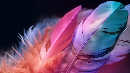 A close-up image of a fluffy white feather set against a colorful, pastel, neon mist, resembling a patchwork rainbow background. Generative AI