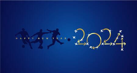 Fototapeta na wymiar Happy New Year 2024 Soccer competition strategy plan golden arrows blue board background