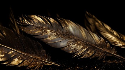 Gold metallic contrast feathers on the black background. Generative AI