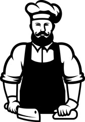Illustration of a butcher with hatchet and meat. Design element for emblem, sign, badge. Vector illustration