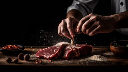 Chef hands cooking meat steak. Generative AI