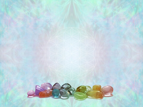 Crystal healing therapy diploma course certificate award template -  jade green ethereal symmetrical pattern background with a double row of tumbled stones along the bottom ideal for a price list