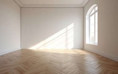 Empty minimal room interior design with fishbone flooring