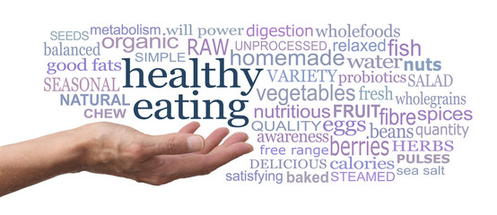 Healthy Eating Word tag Cloud on white background - female hand palm up with the words HEALTHY EATING floating above surrounded by a relevant word cloud isolated on a white background 