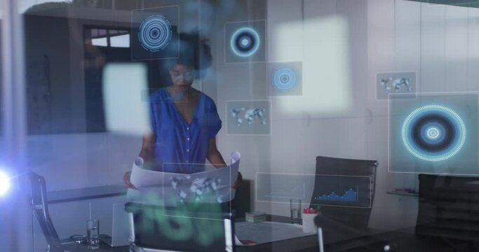 Animation of data processing and scopes over african american businesswoman in office