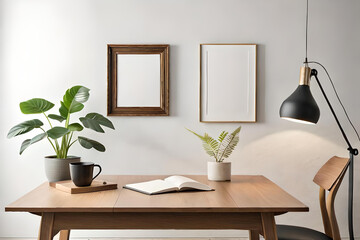 Empty wooden picture frame mockup hanging on beige wall background. Boho shaped vase, dry flowers on table. Cup of coffee. Working space modern office interior