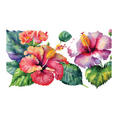 Vibrant hibiscus flowers in tropical paradise in watercolor style 