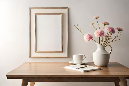 Empty wooden picture frame mockup hanging on beige wall background. Boho shaped vase, dry flowers on table. Cup of coffee. Working space interior, home, room, flower, table, furniture