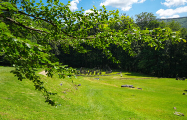 Sarmizegetusa Regia historical landmark in Romania. Wide angle photo during a sunny day in the middle of green forest Orastiei Mountains. Landmarks of Romania.