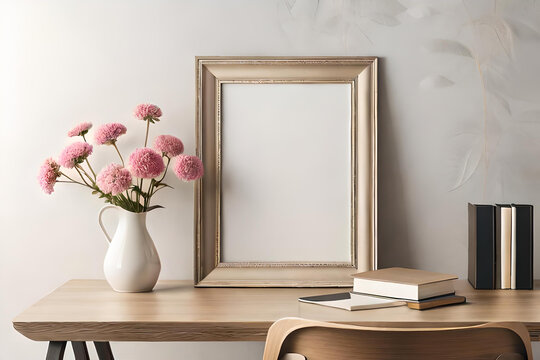 Empty wooden picture frame mockup hanging on beige wall background. Boho shaped vase, dry flowers on table. Cup of coffee. Working space, home office. Art, poster display. Modern room with flowers