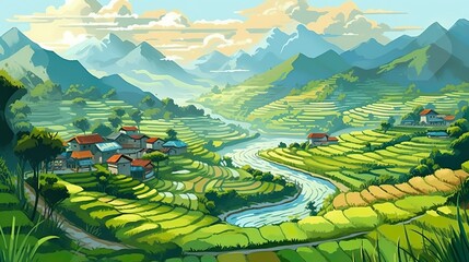 Abstract background rice terraces. Captivating banner with an artistic illustration of nature's green rice terraces against a visually appealing background. Generative AI.