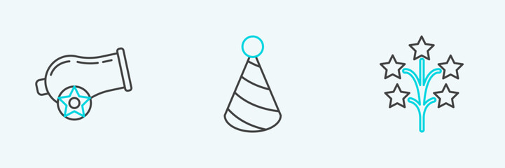 Set line Fireworks, Cannon and Party hat icon. Vector
