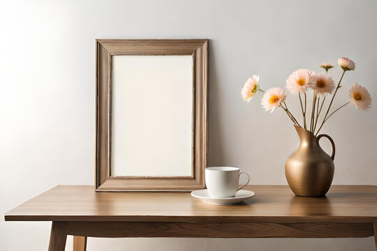 Empty wooden picture frame mockup hanging on beige wall background. Boho shaped vase, dry flowers on table. Cup of coffee. Working space, home office. Art, poster display. Modern, flowers in a vase