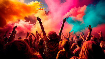  Crowd throwing bright coloured powder paint in the air. Happy holi indian festival celebration.