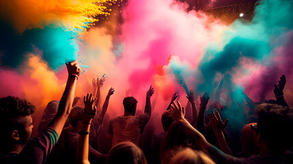 Fototapeta na wymiar Crowd throwing bright coloured powder paint in the air. Happy holi indian festival celebration.