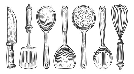 Cooking concept. Set of kitchen tools, old engraving style. Sketch vintage illustration for restaurant or diner menu