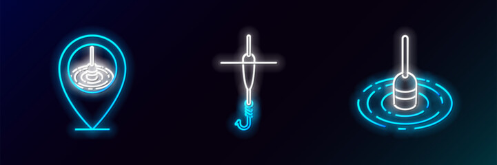 Set line Fishing float in water, Location fishing and hook and icon. Glowing neon. Vector © Oksana
