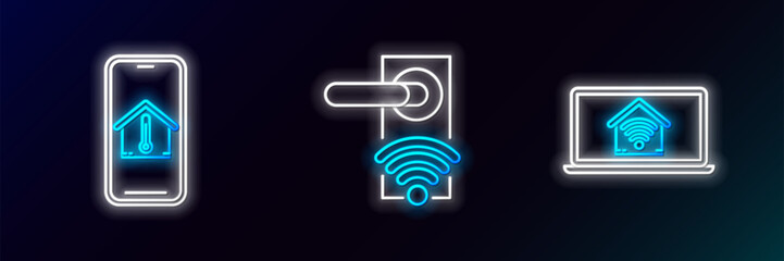 Set line Laptop with smart home with wi-fi, Mobile phone house temperature and Digital door lock wireless technology for unlock icon. Glowing neon. Vector - obrazy, fototapety, plakaty