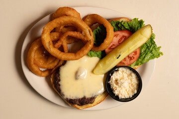 cheeseburger with onion rings