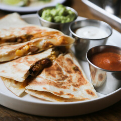 Traditional chicken quesadilla with sauces