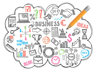 Business doodle icons. Hand drawn work symbols