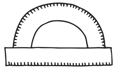 Protractor sketch. Black line school supply doodle